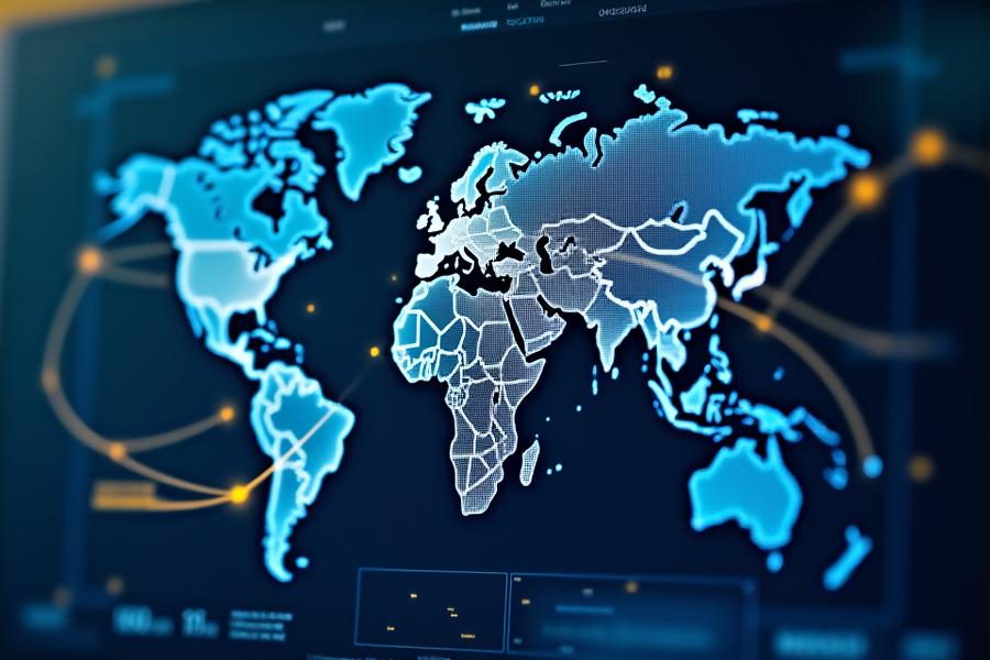 Interface d'optimisation d'itinéraire par IA de Lumière Voyage, montrant des graphes complexes et des points d'intérêt sur une carte. Interface utilisateur futuriste et épurée.