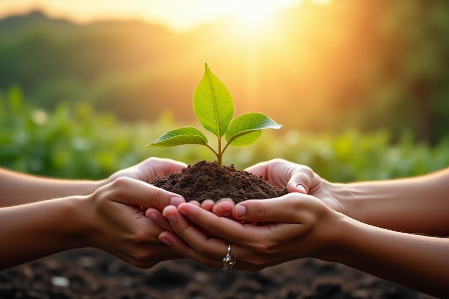 Mains humaines tenant une petite plante verte. Arrière-plan flou de paysages naturels luxuriants, symbolisant la croissance durable et la protection environnementale.