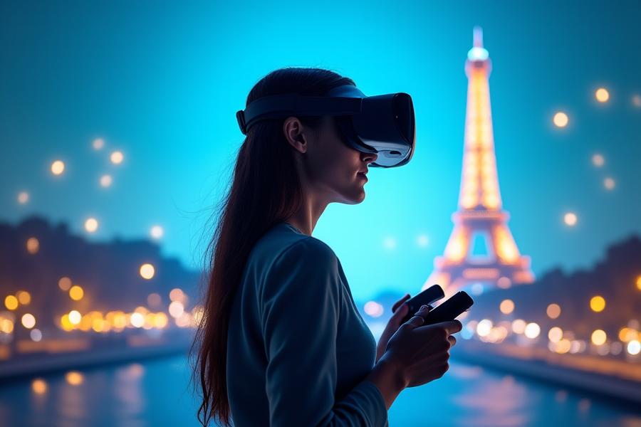 Une personne portant un casque de réalité virtuelle, les mains tenant des contrôleurs, immergée dans un paysage numérique de Paris avec la Tour Eiffel en arrière-plan.